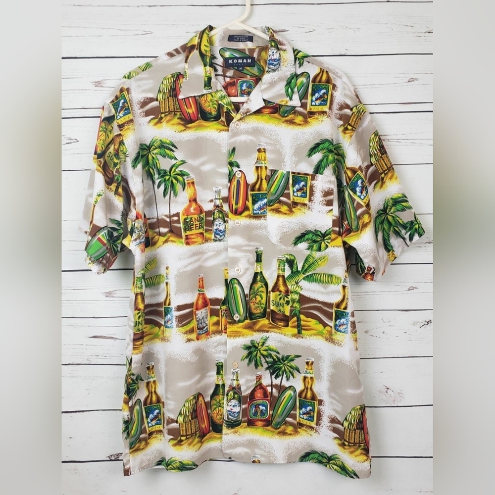 Koman Sport Tropical Hawaiian button down shirt beer print size M